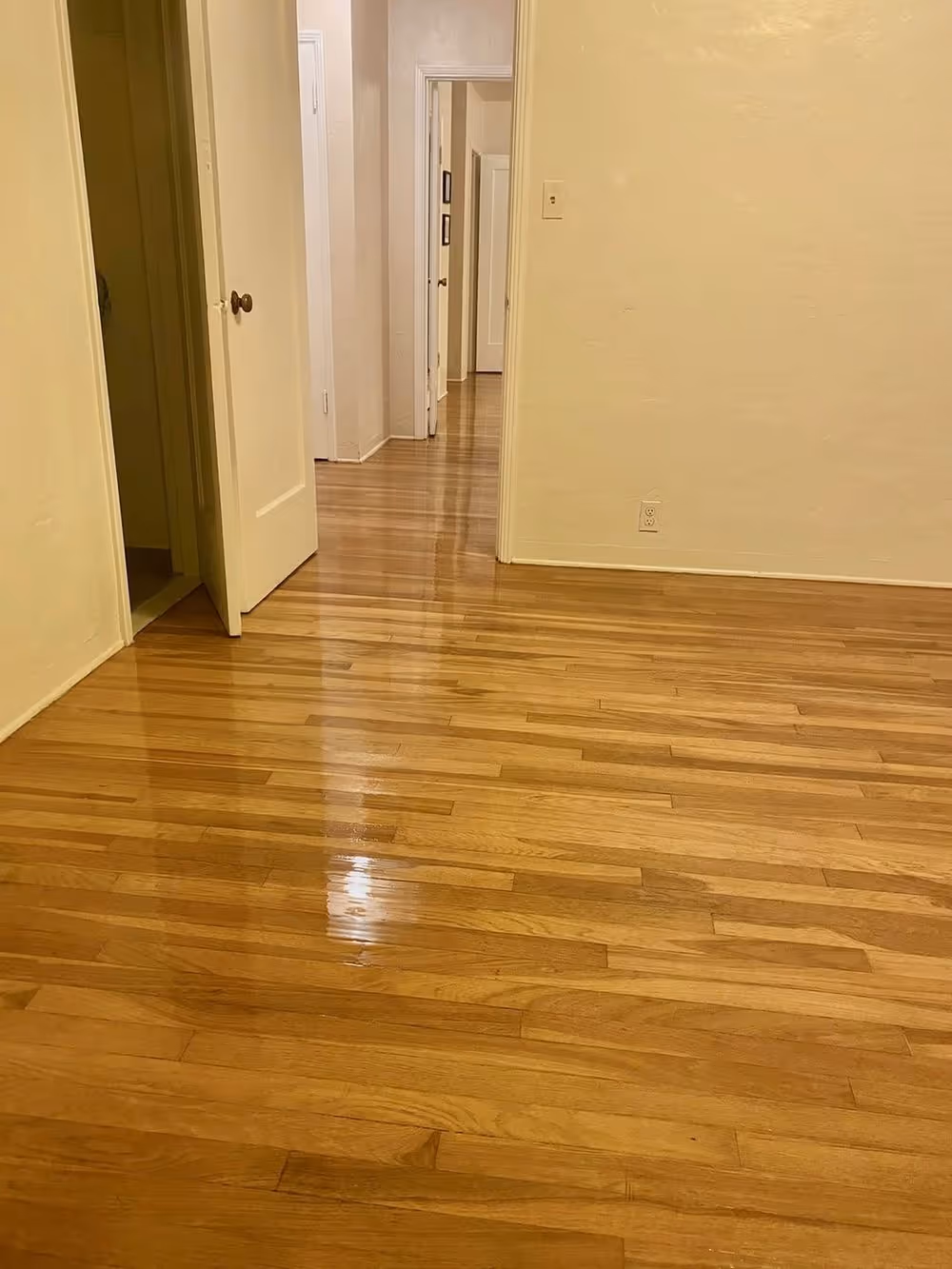 A refinished oak hallway reflecting the light from the next room